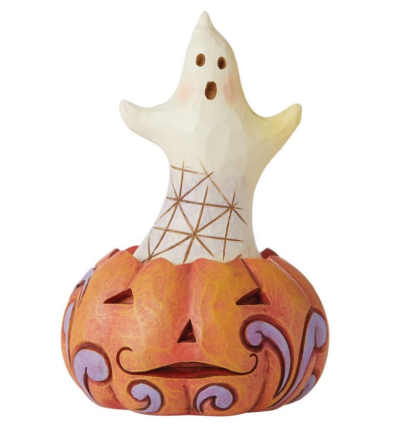 6010676 Jim Shore, Heartwood Creek, Jim Shore Heartwood Creek, Jim Shore Halloween, Halloween Pumpkin Mini Figurine, Halloween Kürbis mit Gespenst, 6010676, Heartwood Creek Halloween