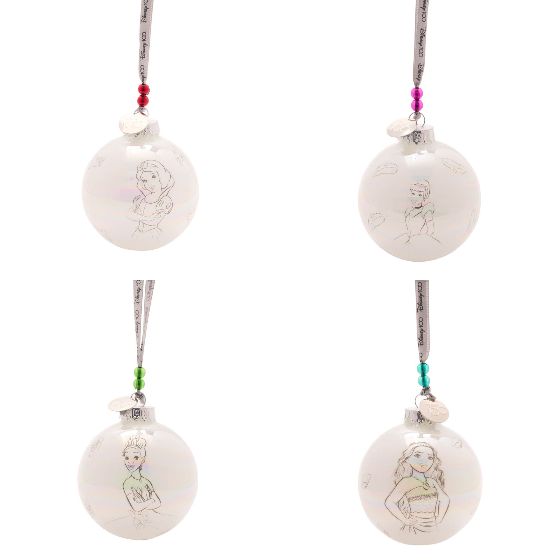 Disney Weihnachtskugeln, DI2034, Disney 100, weiße Weihnachtskugeln. Disney Prinzessinnen, Cinderella, Schneewittchen, Tiana, Moana, Walt Disney Weihnachten
