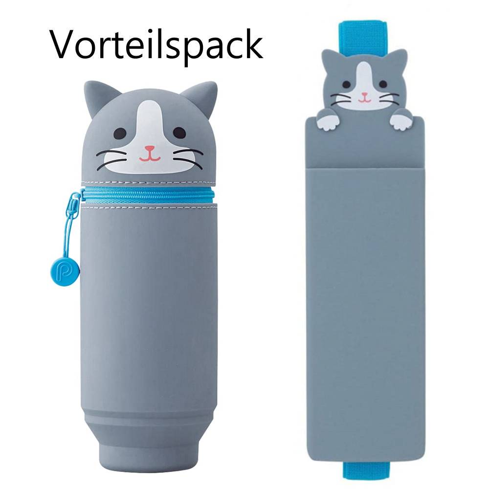 pl-7714_20-4 PuniLabo, Punilabo, Lihit Lab, Federtasche und Stiftehalter, stehende Federtasche, Pencil Case, animal, Tiere, innovativ, innovative, stand up pen case, Buchband Stifteetui, Vorteilspack, Graue Katze