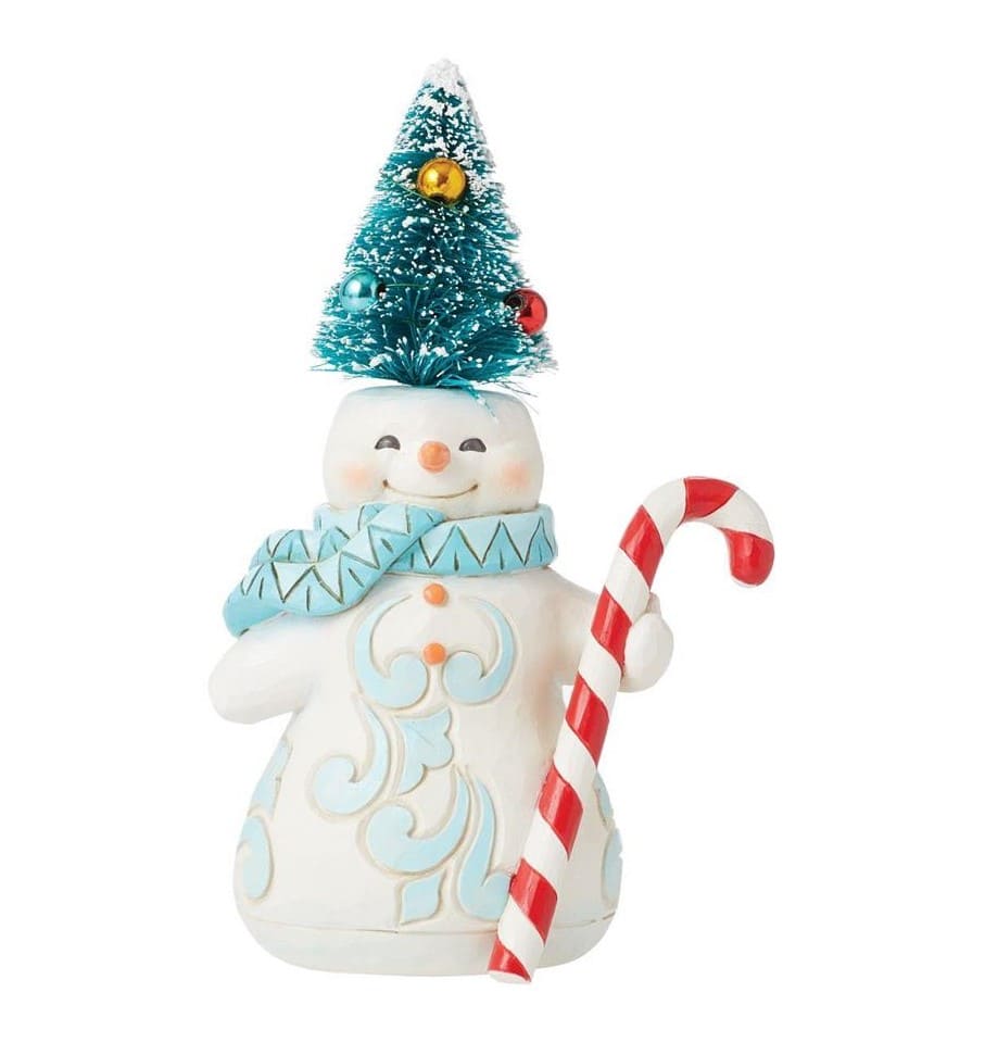 6015468 Jim Shore, Heartwood Creek, Jim Shore Santa, 6015468, Candy Cane Crush Snowman, Schneemann mit Zuckerstange, Schneemann mit Sisal-Tanne, Jim Shore Schneemann