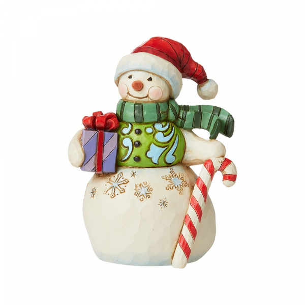 Jim Shore, Heartwood Creek, Jim Shore Weihnachten,  6009009, Mini  Snowman with GIft and Candy, Mini Schneemann mit Geschenk und Zuckrstange, Heartwood Creek Schneemann, Jim Shore Schneemann