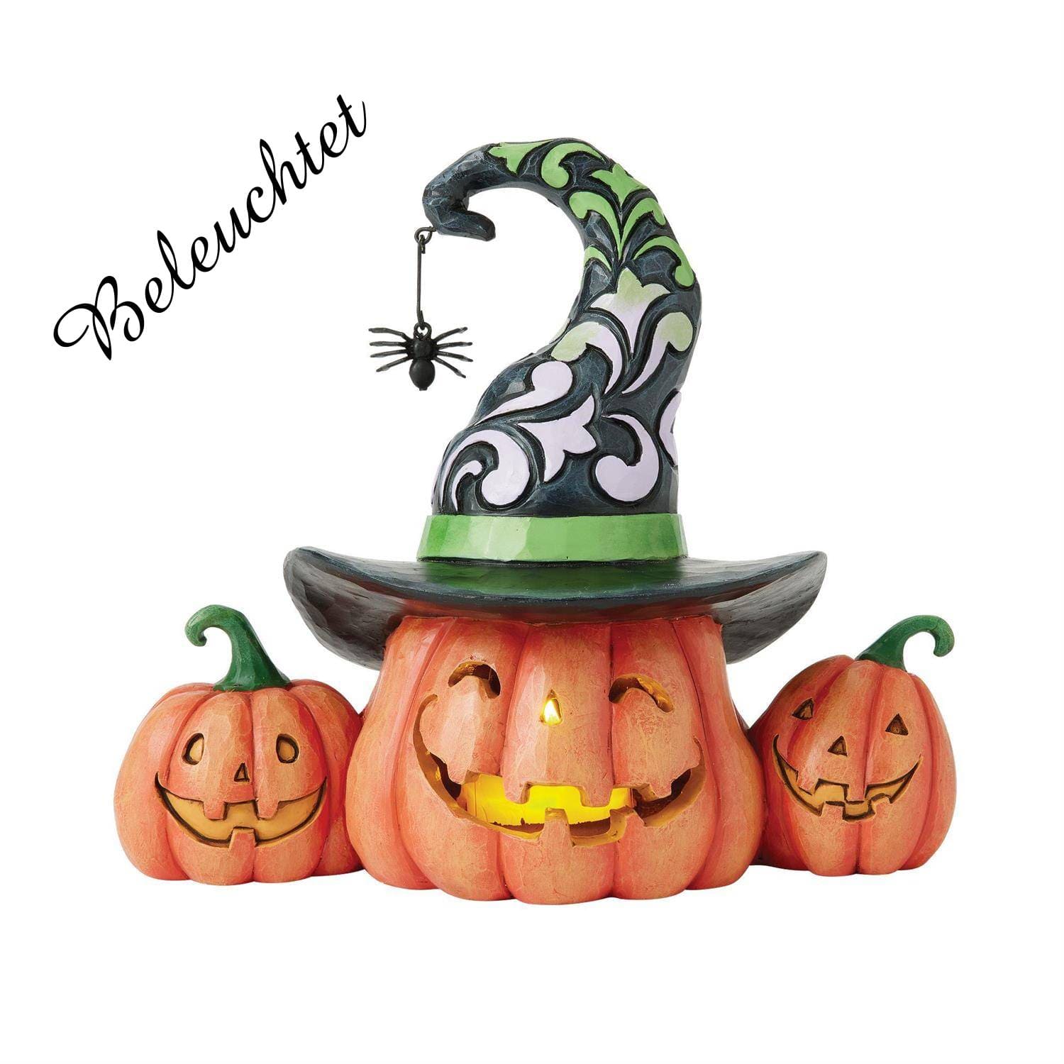 6016642a Jim Shore, Heartwood Creek, Halloween, Altogether Spooky, Trio of Jack-O-Lanterns mit LED, Kürbisse beleuchtet, Halloweendeko, Halloweenfigur, 6016642