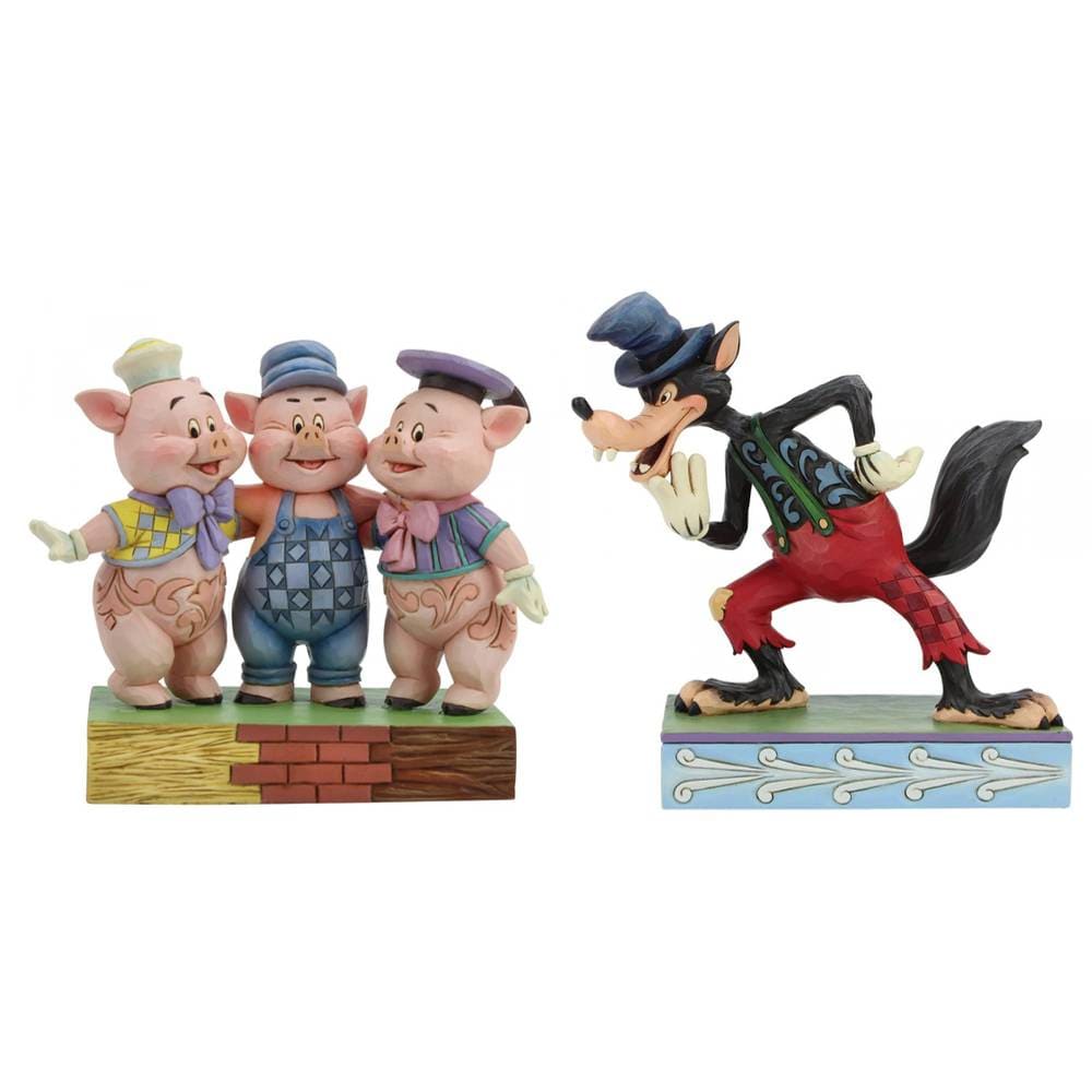 6005973-74 Disney Traditions, Jim Shore, Disneyfigur, Disney Figur, Volkskunst, Big Bad Wolf, Three Little Pigs, I'll Huff and I'll Puff, Ich huste und pruste, Böser Wolf, Die drei keinen Schweinchen, 6005973, 6005974, Ede Wolf, Schweinchen Schlau, Pfeiffer und Fied