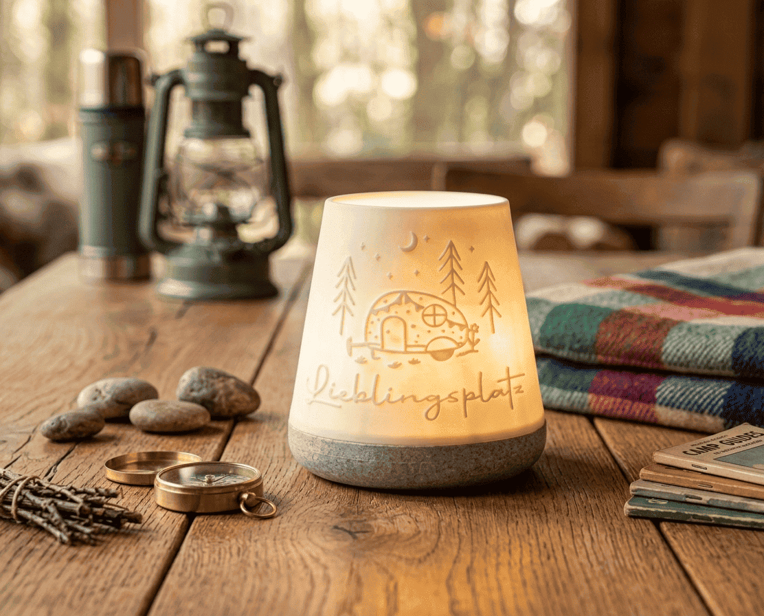 Windlicht 3D-Druck - Dekolampe Lieblingsplatz 202601 – Camping & Wohnwagen Design - Wohnwagenanhänger