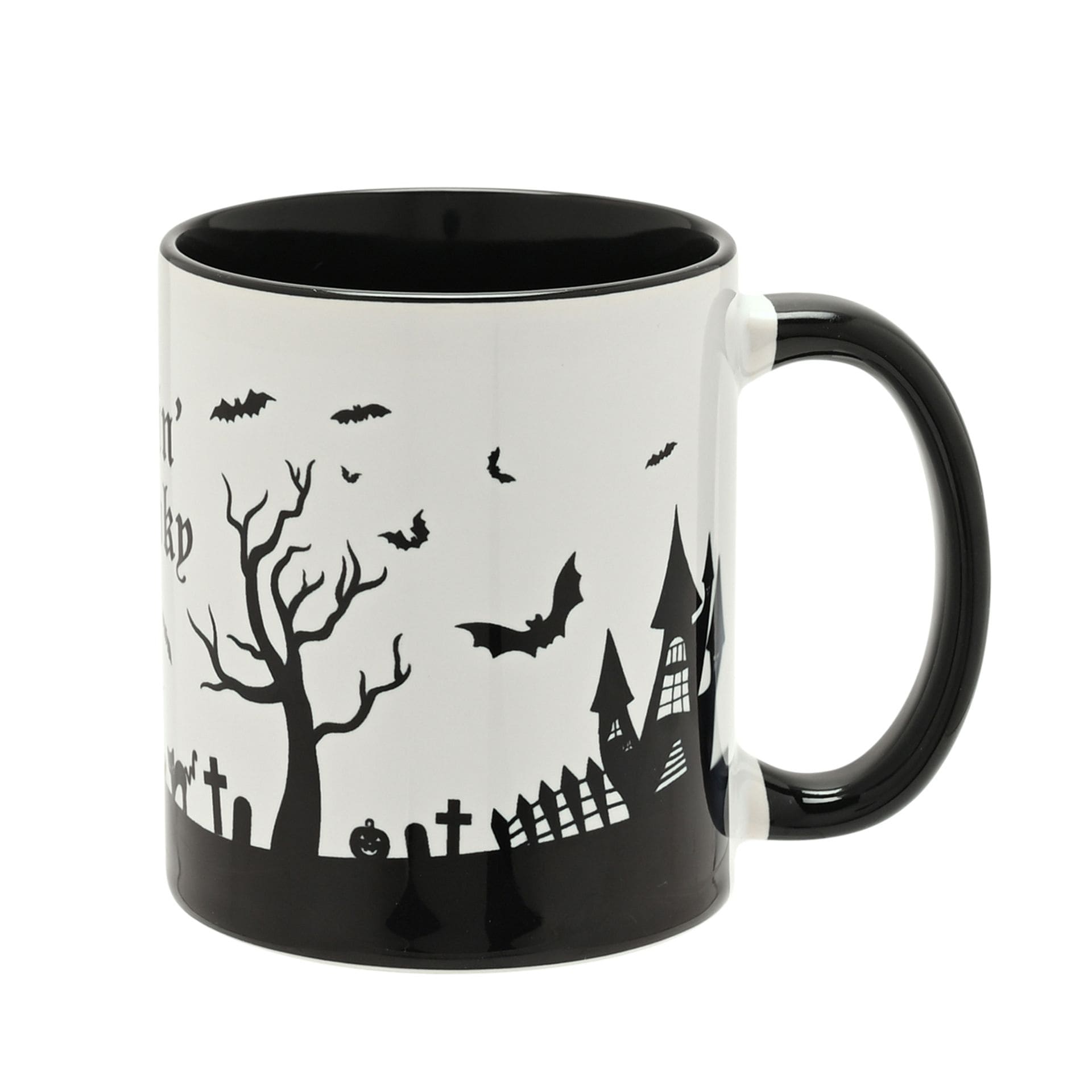 hw771 HW771, Halloween Becher, Halloween Tasse, Kaffeebecher, Teebecher, Halloweenspaß, Hocus Pocus Novelties, The Seasonal Gift Company, Feelin' Spooky Halloween Becher mit Geisterhaus, Fledermäusen und Spukbaum