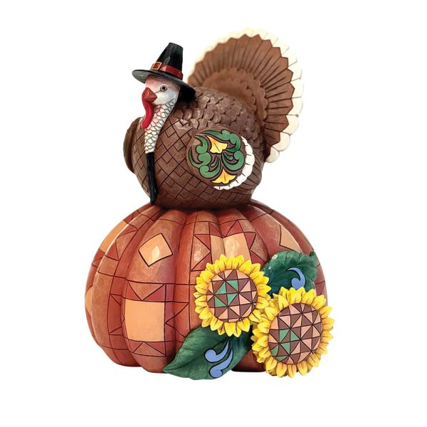 6016630a Jim Shore, Heartwood Creek, Halloween, Gobble Greetings Harvest Turkey on Pumpkin, Truthahn auf Kürbis, Herbstdeko, Halloweendeko, Halloweenfigur, 6016630