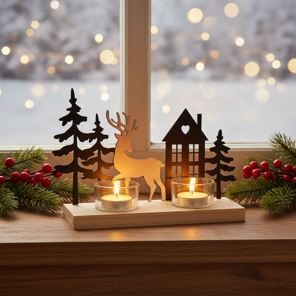 Teelichtleuchter Elch Vado - Rustikales Winterdeko-Set mit Hirsch, Tannen & Haus - 59715 Gilde Windlicht