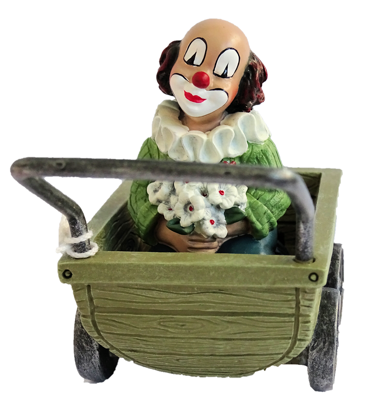 gc-35621b Gilde Handwerk, Gilde Clowns, Gilde Clown im Kinderwagen mit grüner Jacke und Blumenstrauß, Clown im Kinderwagen, Die Blumigen im Kinderwagen, 35621